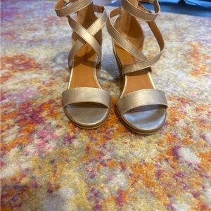 Lucky Brand Metallic Gold Crisscross Ankle Strap Heels